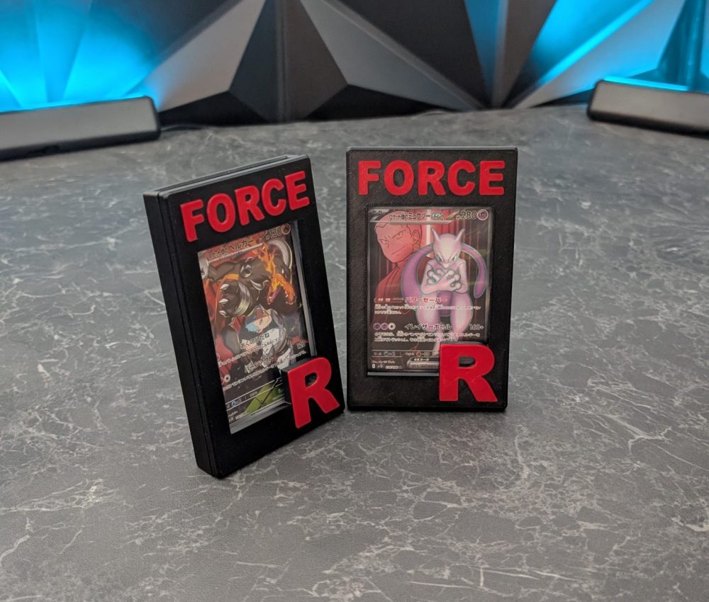CardFrame Force R 3D printed card display featuring MewTwo Pokémon TCG card with Team Rocket design, perfect for collectors and showcasing trading cards.